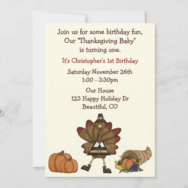Cute Turkey Boy's Thanksgiving 1st Birthday Invitation (Front)