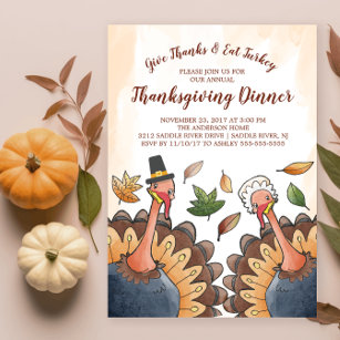 Cute Turkey Couple Thanksgiving Dinner Invitation