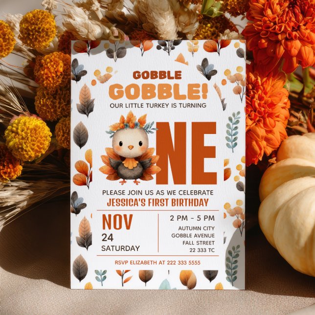 Cute Turkey Fall Foliage Thanksgiving 1st Birthday Invitation (Creator Uploaded)