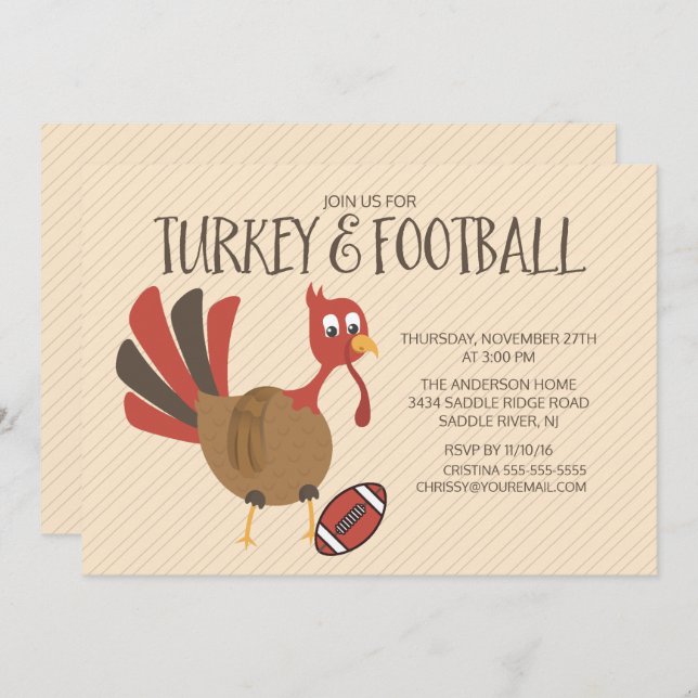Cute Turkey & Football Thanksgiving Invitation (Front/Back)