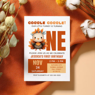 Cute Turkey Gobble Fall Thanksgiving 1st Birthday Invitation