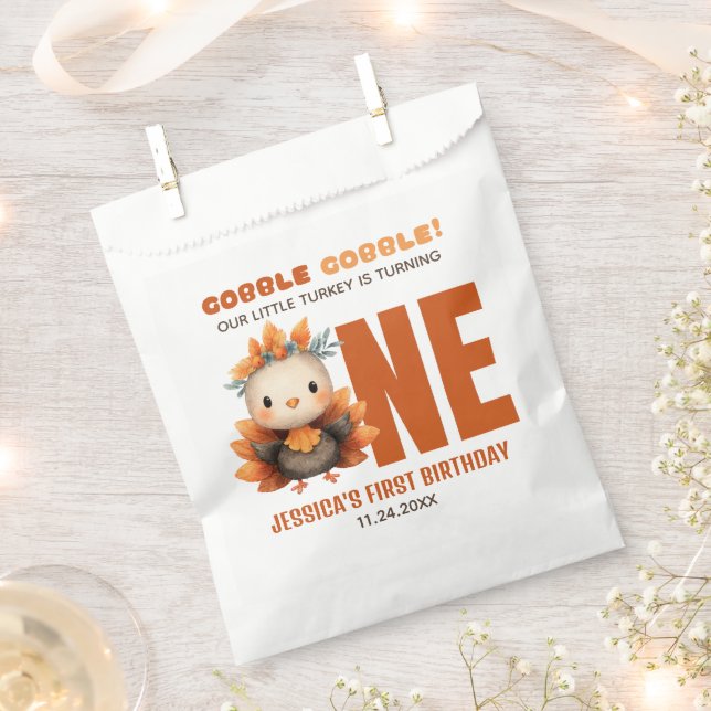 Cute Turkey Gobble Thanksgiving Fall 1st Birthday  Favour Bag (Clipped)