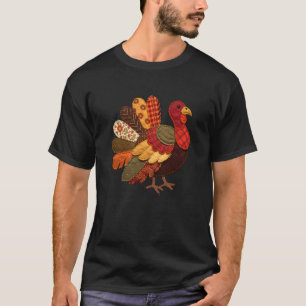 Cute Turkey Patchwork Gobble Thankful Autumn Thank T-Shirt