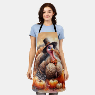 Cute Turkey Pilgrim Hat Pumpkins Corn Thanksgiving Apron