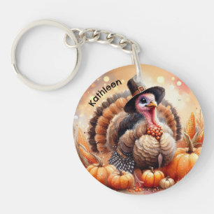 Cute Turkey Pilgrim Hat Pumpkins Corn Thanksgiving Key Ring