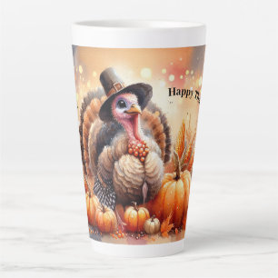 Cute Turkey Pilgrim Hat Pumpkins Corn Thanksgiving Latte Mug