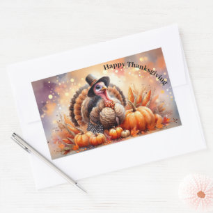 Cute Turkey Pilgrim Hat Pumpkins Corn Thanksgiving Rectangular Sticker