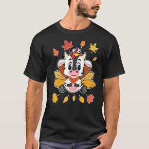 Cute Turkey Pilgrim Riding Cow Costume Lovely T-Shirt