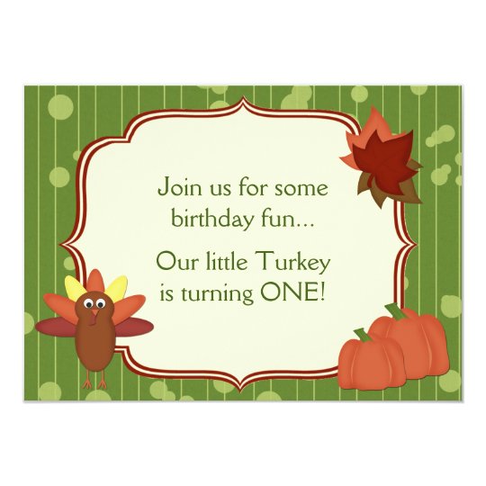 Cute Turkey Thanksgiving 1st Birthday Party Invite