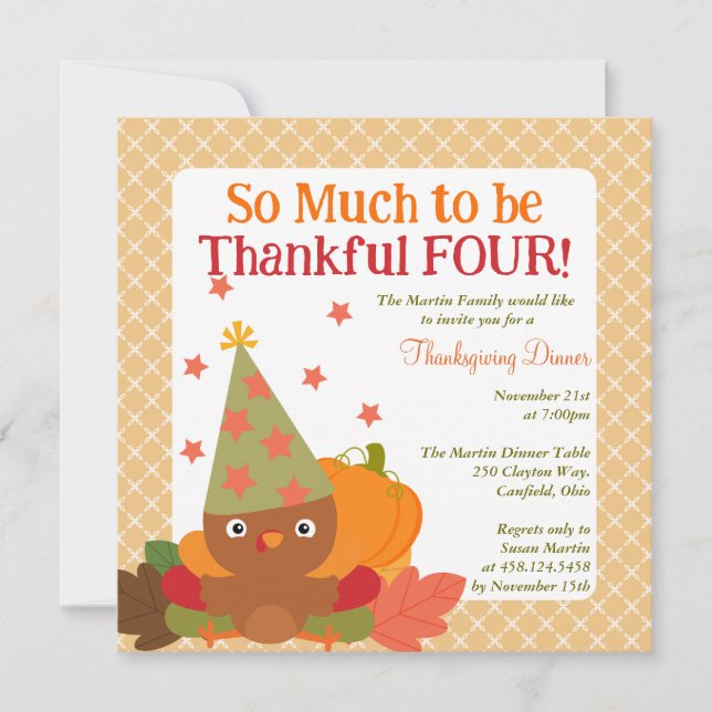 Cute Turkey Thanksgiving Dinner 4th Birthday Invitation (Front)