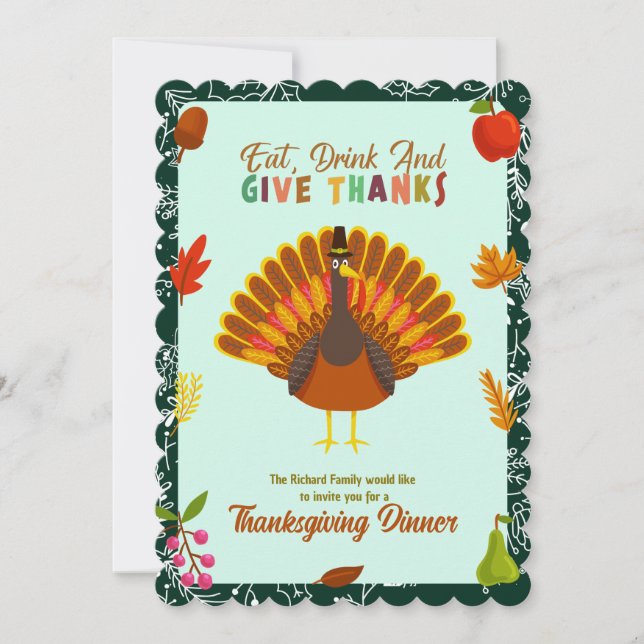 Cute Turkey Thanksgiving Dinner Green Invitation (Front)