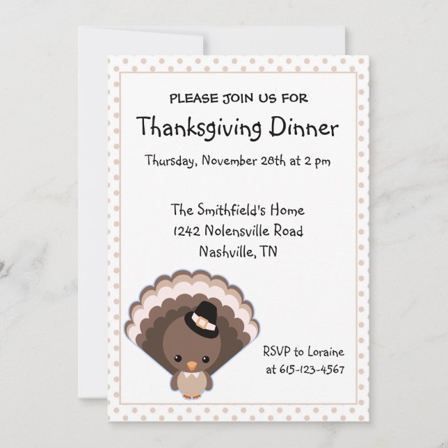 Cute Turkey Thanksgiving Dinner Invitation (Front)