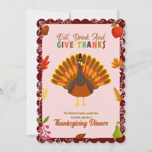 Cute Turkey Thanksgiving Dinner Red Invitation