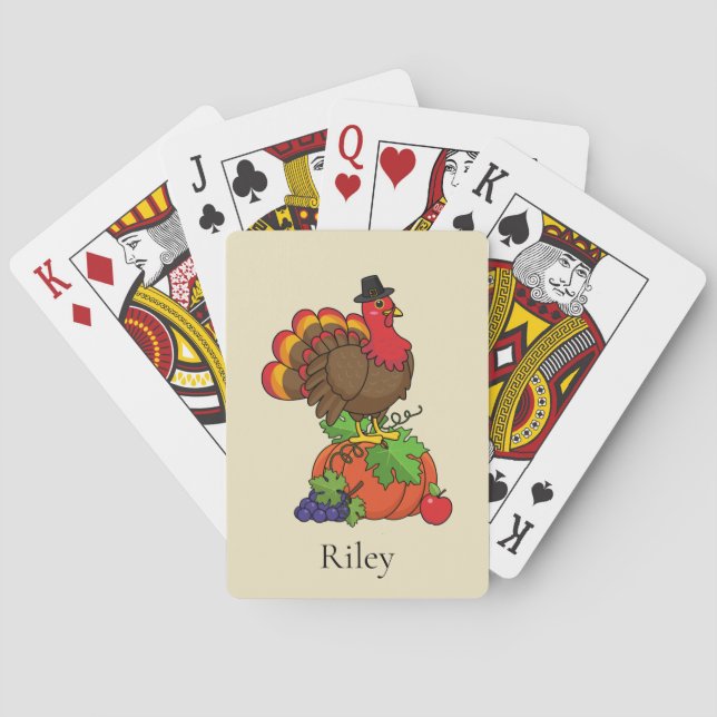 Cute Turkey w/ Harvest Thanksgiving | Personalise Playing Cards (Back)