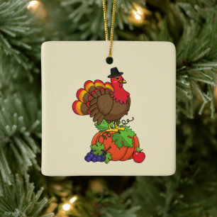 Cute Turkey with Harvest Thanksgiving Ceramic Ornament