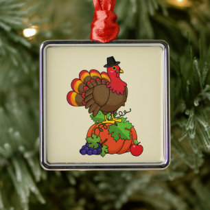 Cute Turkey with Harvest Thanksgiving Metal Ornament