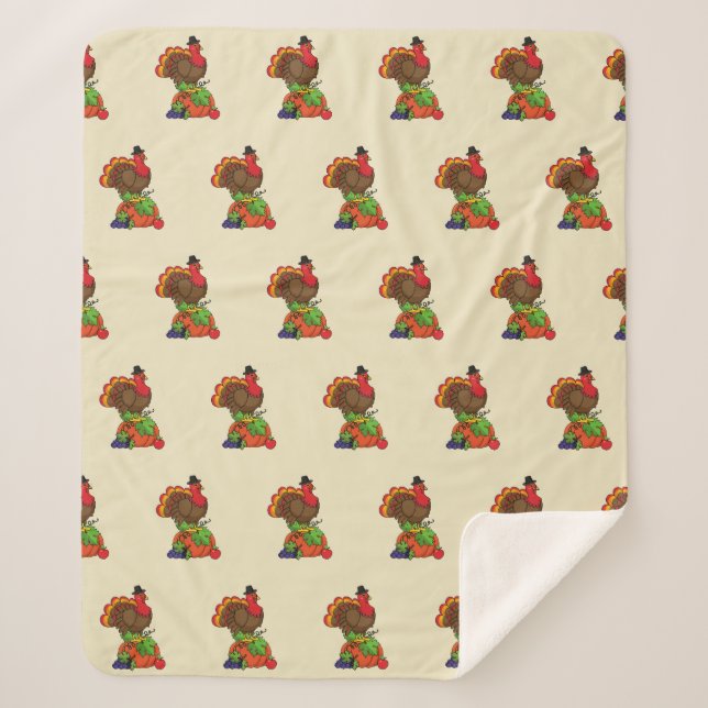 Cute Turkey with Harvest Thanksgiving Sherpa Blanket (Front)