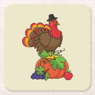 Cute Turkey with Harvest Thanksgiving Square Paper Coaster