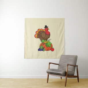 Cute Turkey with Harvest Thanksgiving Tapestry