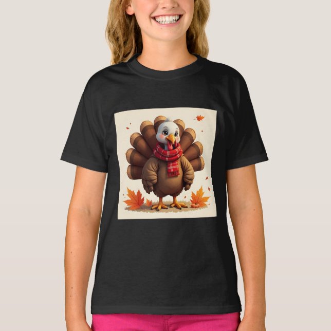Cute Turkey with Plaid Scarf & Autumn Leave T-Shirt (Front)