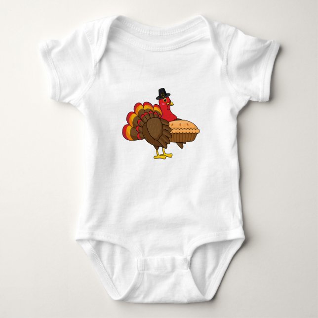 Cute Turkey with Pumpkin Pie Thanksgiving Baby Bodysuit (Front)