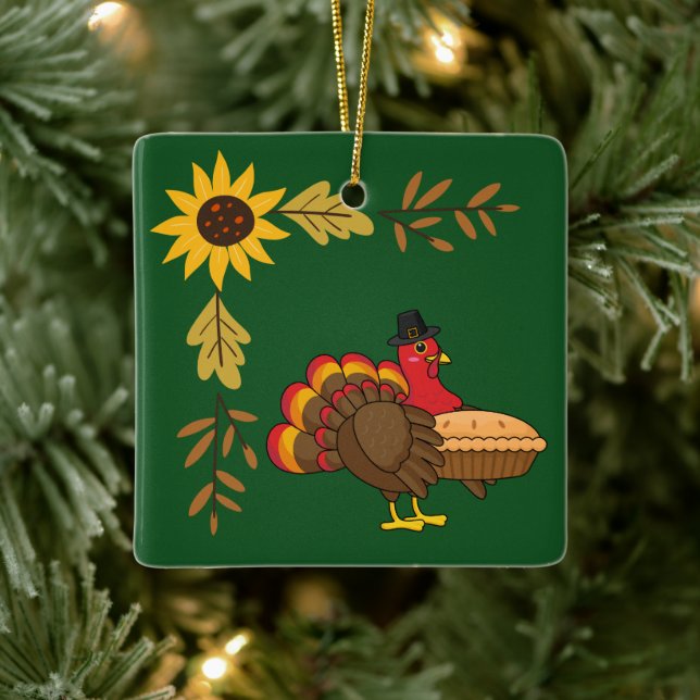 Cute Turkey with Pumpkin Pie Thanksgiving Ceramic Ornament (Tree)