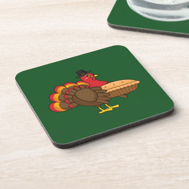 Cute Turkey with Pumpkin Pie Thanksgiving Coaster (Left Side)