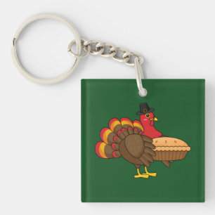 Cute Turkey with Pumpkin Pie Thanksgiving Key Ring