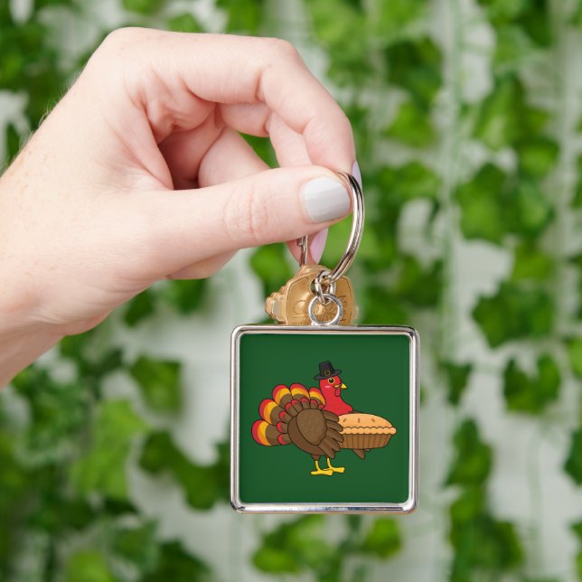 Cute Turkey with Pumpkin Pie Thanksgiving Key Ring (Hand)