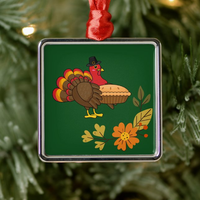 Cute Turkey with Pumpkin Pie Thanksgiving Metal Ornament (Tree)