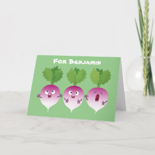 Cute turnip vegetable trio singing cartoon card