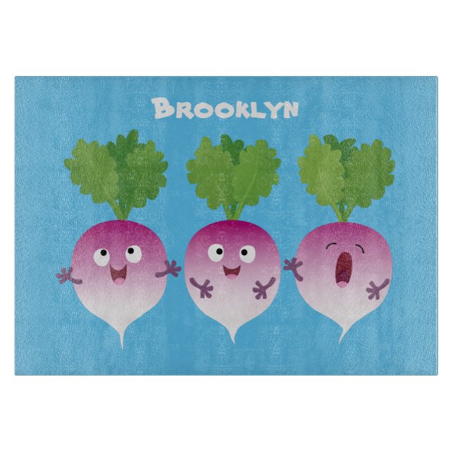 Cute turnip vegetable trio singing cartoon cutting board (Front)