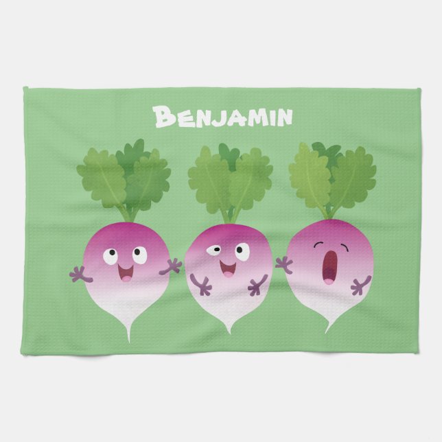 Cute turnip vegetable trio singing cartoon tea towel (Horizontal)