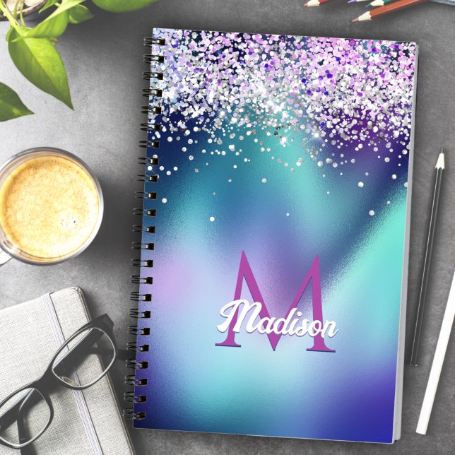 Cute turquoise aqua faux glitter monogram notebook (Creator Uploaded)