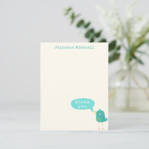 Cute Turquoise Blue Bird Custom Name Thank You Card