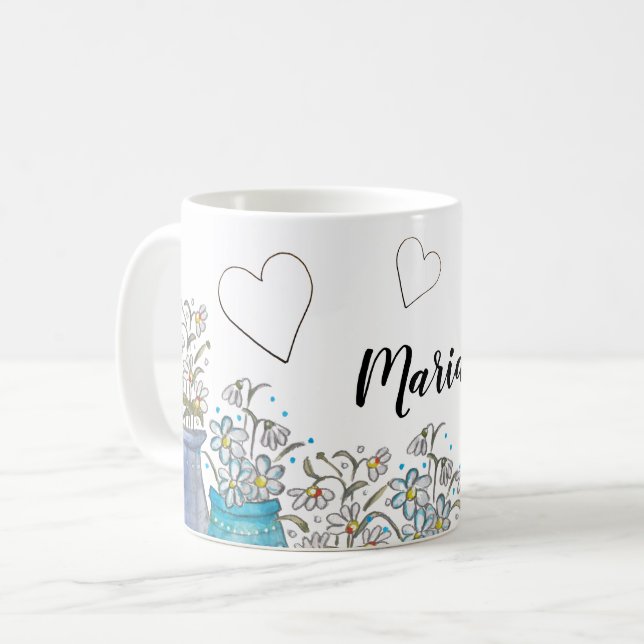 Cute Turquoise Blue Boho Floral Art Coffee Mug (Front Left)