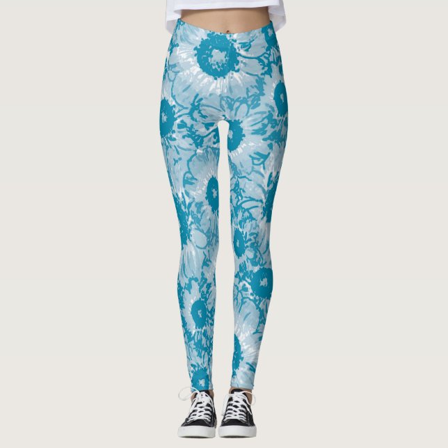 CUTE Turquoise Blue Floral Pattern Leggings (Front)