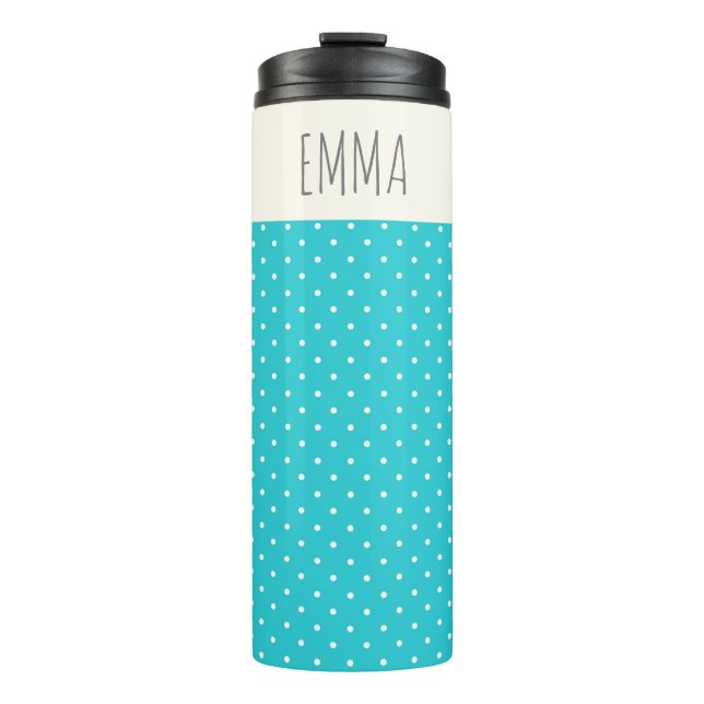 Cute Turquoise Blue Polka Dots Personalised Thermal Tumbler (Front)