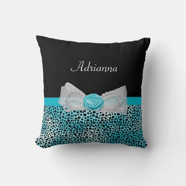 Cute Turquoise Cheetah Print Frilly Bow and Name Cushion (Front)