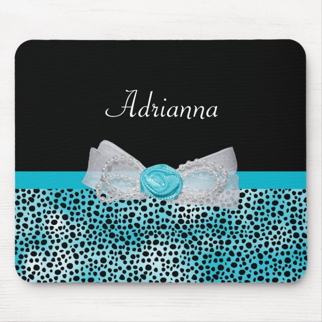 Cute Turquoise Cheetah Print Frilly Bow and Name Mouse Pad (Front)