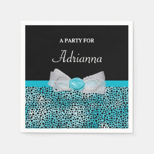 Cute Turquoise Cheetah Print Frilly Bow and Name Napkin