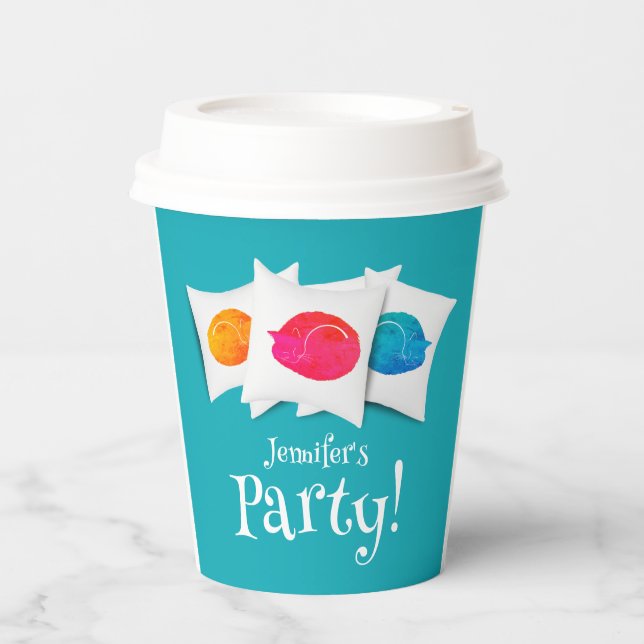 Cute Turquoise Colourful Cats Slumber Sleep Under Paper Cups (Front)