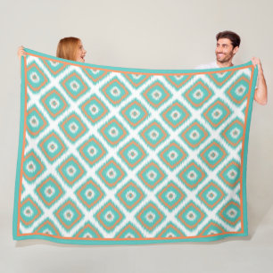 Cute Turquoise Diamond Squares Ikat Mosaic Pattern Fleece Blanket