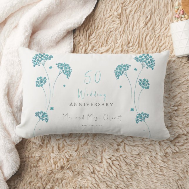 Cute Turquoise Flowers Wedding Anniversary 50 Year Lumbar Cushion (Blanket)