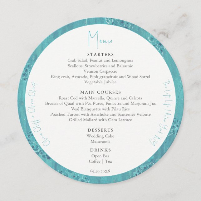 Cute Turquoise Flowers Wedding Circle Menu (Front)