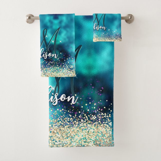Cute turquoise gold faux glitter monogram bath towel set (Insitu)