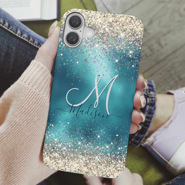 Cute turquoise gold faux glitter monogram Case-Mat Case-Mate iPhone Case (Creator Uploaded)