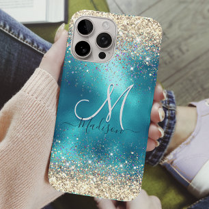 Cute turquoise gold faux glitter monogram Case-Mat iPhone 16 Pro Case