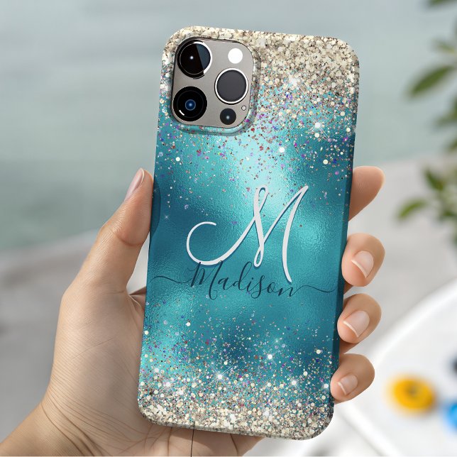 Cute turquoise gold faux glitter monogram Case-Mat Case-Mate iPhone Case (Creator Uploaded)