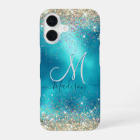 Cute turquoise gold faux glitter monogram Case-Mat